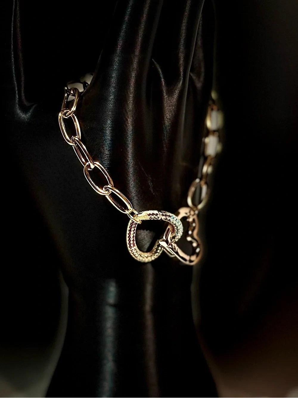 Gold Heart Link Bracelet with Zircon Accents